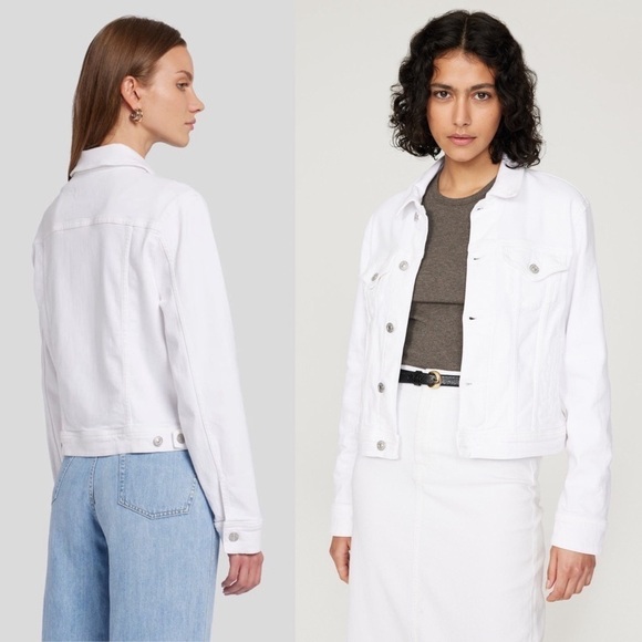 7 FOR ALL MANKIND 90s Luxe Ivory Stretch Denim Cropped Jean Trucker Jacket L - Picture 7 of 15
